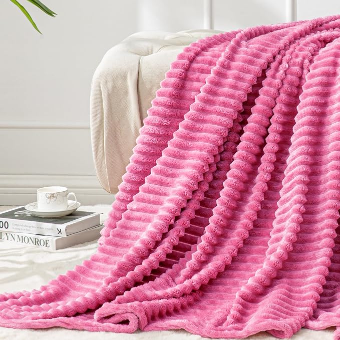 BEDELITE 3D Ribbed Hot Pink Fleece Throw Blanket for Couch, 50x60 Inch | Soft Warm Decorative Fluffy Blanket, Cozy Plush Lightweight Fuzzy Throw Blanket for Bed Sofa Home Room Decor, Gift for Women