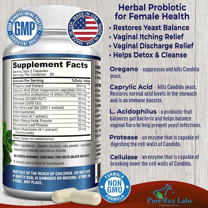 YUMMYVITE Balance Complex for Women - for Vaginal Health, Herbal Detox & Cleanse, Vaginal Probiotics, Supports Healthy Intestinal Flora, Helps with Yeast Infections 60 Capsules
