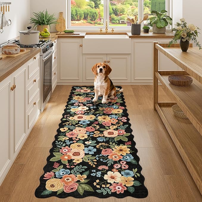DUKINO 2x6 Runner Rug, Floral Washable Rug for Kitchen Non Slip, Black | Soft, Low Pile, Non-Shedding Long Runner Rugs for Kitchen, Entryway, Bedroom, Bathroom, Pet Friendly, Home Decor, Ultra-Thin