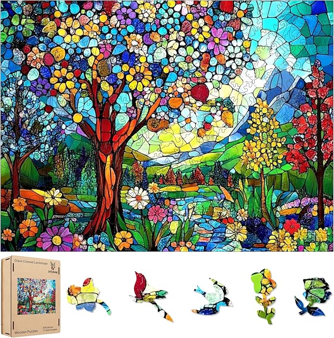 Ixfyloop Stained Glass Wooden Puzzles for Adults, Colorful Tree of Life Jigsaw Puzzles, 200 Pieces Landscape Adults Puzzles, Best Gifts for Puzzle Lover, 8.9x11.8 inch