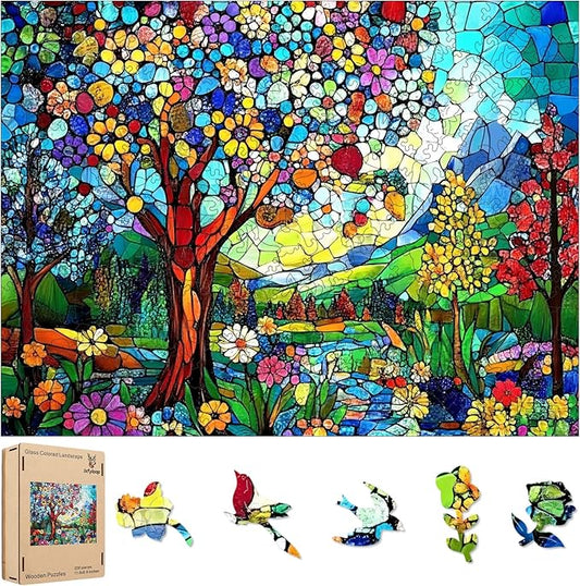 Ixfyloop Stained Glass Wooden Puzzles for Adults, Colorful Tree of Life Jigsaw Puzzles, 200 Pieces Landscape Adults Puzzles, Best Gifts for Puzzle Lover, 8.9x11.8 inch