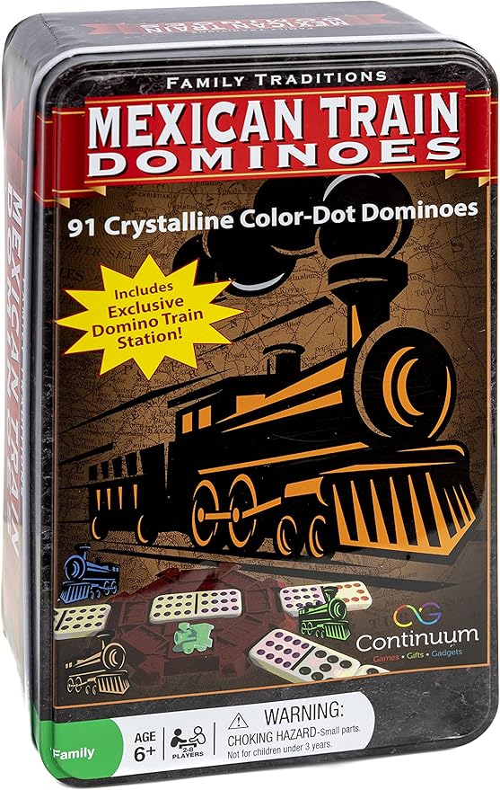 Family Traditions Mexican Train Dominoes Tin, Crystalline Dominoes