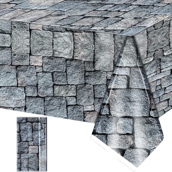 1 Pack Cobblestone Tablecloth Stone Printed Table Cover Medieval Table Decoration Plastic Tablecloth Stone Brick Tablecovers for Medieval Castle Knight Themed Party Supplies, 4.3 x 7.2 Feet