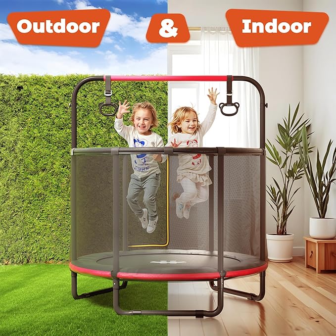 Happin® 55â€ Toddler Trampoline Indoor & Outdoor Playset, 5FT Kids Trampoline, Ultra Safe Mini Trampoline for Kids with Safety Enclosure Net, Gifts for Birthday with Basketball Hoop