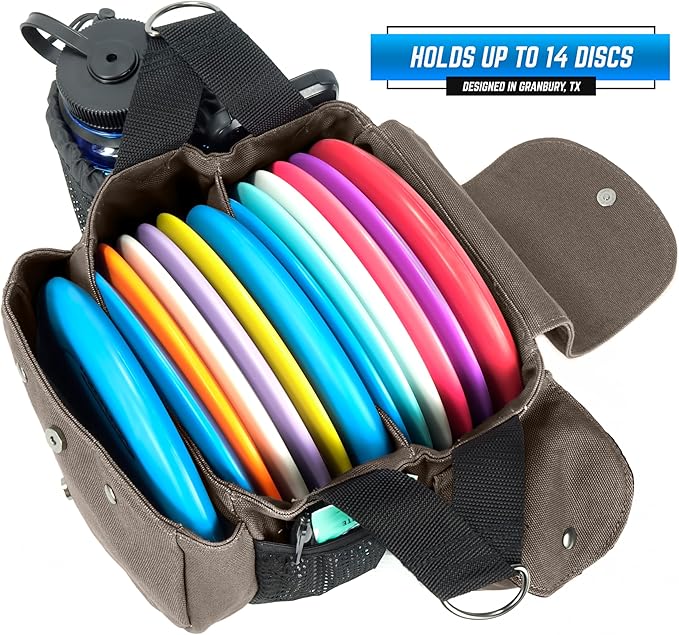 Rogue Iron Disc Golf Satchel Bag- Sling Tote Bag for Frisbee Golf - Holds Up to 14 Discs, Large 32oz Water Bottle, and Accessories V2 (14 Disc Gray)