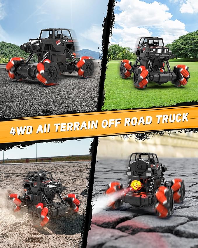 RC Stunt Car, Remote Control Car with 360° Rotation, Sideway Drift, Spray, All Terrain 4WD RC Stunt Hobby Cars for 6-12 Years Old Boys (Red)