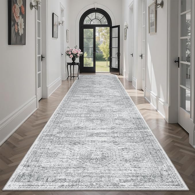 Soalmost Washable Hallway Runner Rug 3x12 Kitchen Entry Rugs Non-Slip, Grey | Vintage Long Runners 12ft for Bathroom Entryway, Foldable Low-Pile Wide Floor Carpet Mat for Corridor Laundry Room Bedroom