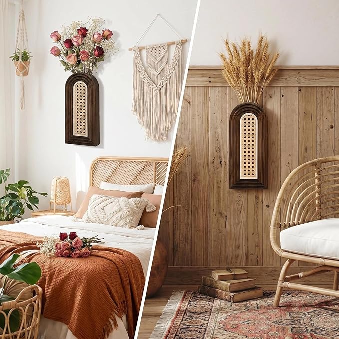 Dnnnii 2 Pack Wooden Wall Vase Set - Dark Brown Finish Hollow Rattan Modern Farmhouse & Boho Wall Decor for Entryway, Hallway, Bathroom, Living Room, Dining Room, Narrow Spaces