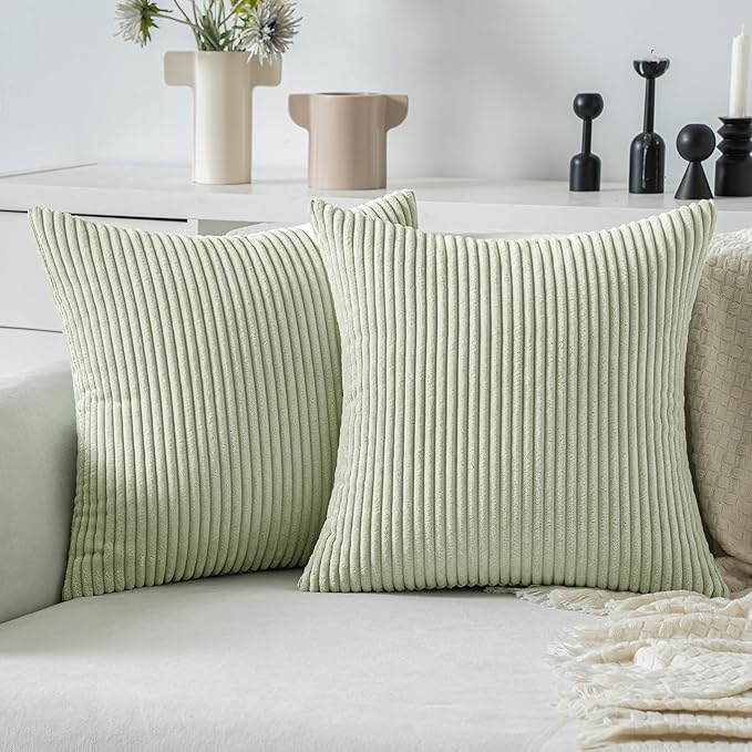 MIULEE Decorative Corduroy Throw Pillow Covers Set of 2 18x18 Light Green | Soft Striped Textured Cushion Cases, Boho Natural Greenery Pillowcases for Home Decor, for Couch Chair Sofa Bed Living Room