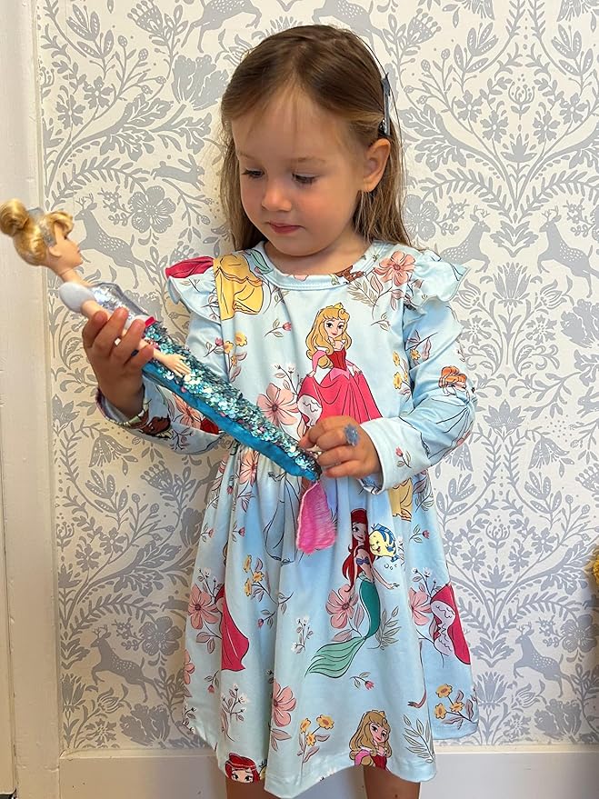 Disney Frozen Elsa Stitch Princess Minnie Mouse Toddler Girl Dresses 2 Pack Ruffle Long Sleeve Dress Set (3 Months - 6 Years)