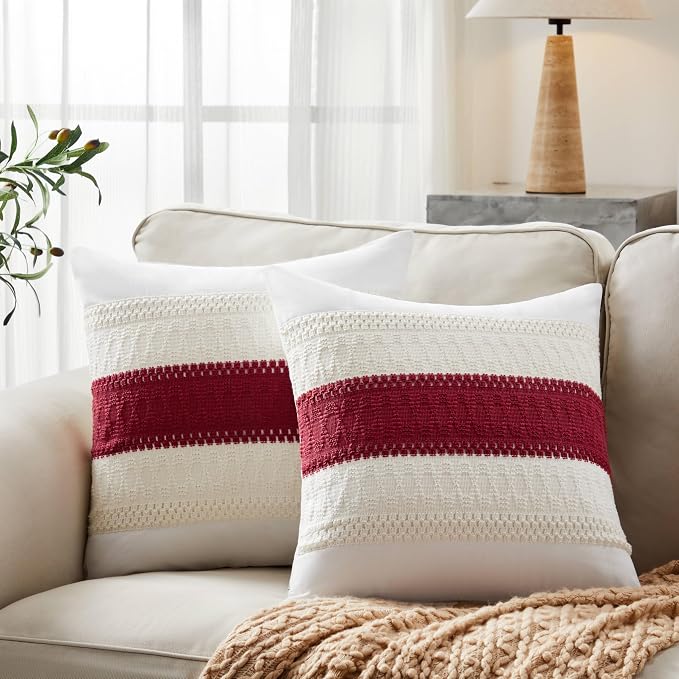 2pk Boho Pillow Covers 16x16, Natural White/Contrast/Red | 100% Organic Cotton Body, Stripe Embroidery, Farmhouse Decorative Cushion Covers for Sofa Bed Living Room Home Decor
