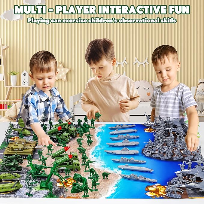 Army Men Playset – 117 Pcs Military Toy Soldiers Set with Action Figures, Battle Mat, Tanks, Helicopter, Submarine & Weapon Gear – Army Toys for Boys Ages 4-12, Great Gift for Kids