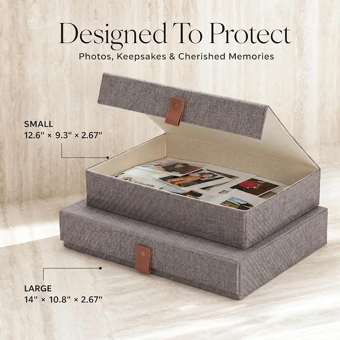 Decorative Photo Storage Boxes with Lids - Set of 2 Beautiful Linen Organizers Are Perfect to Safely Store Your Pictures, Documents, Scrapbooking Supplies, Keepsakes and Other Memories in Style