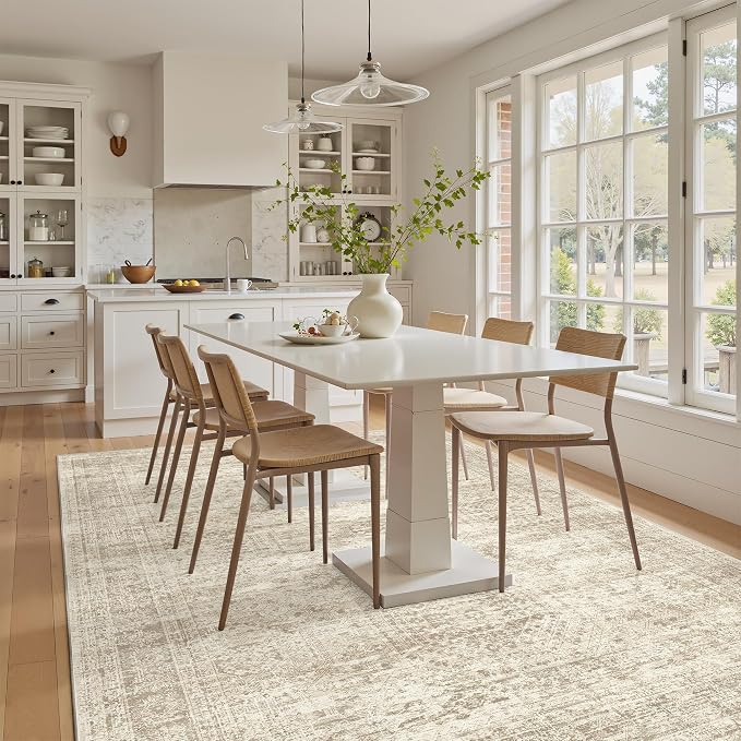 Soalmost 7x9 Area Rug for Living Room Washable Rugs Non-Slip Beige | Low-Pile Vintage Carpet for Dining Bedroom, Foldable Thin Stain Resistant Floor Mat Under Table Home Office Nursery Decor