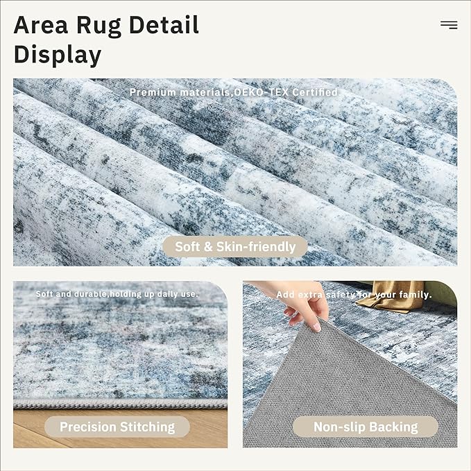 Soalmost Abstract Rug 8x10 Large Living Room Area Rugs Washable Blue/Grey | Modern Non-Slip Carpet for Dining Bedroom, Stain Resistant Foldable Thin Low Pile Floor Mat Under Table Home Office Decor