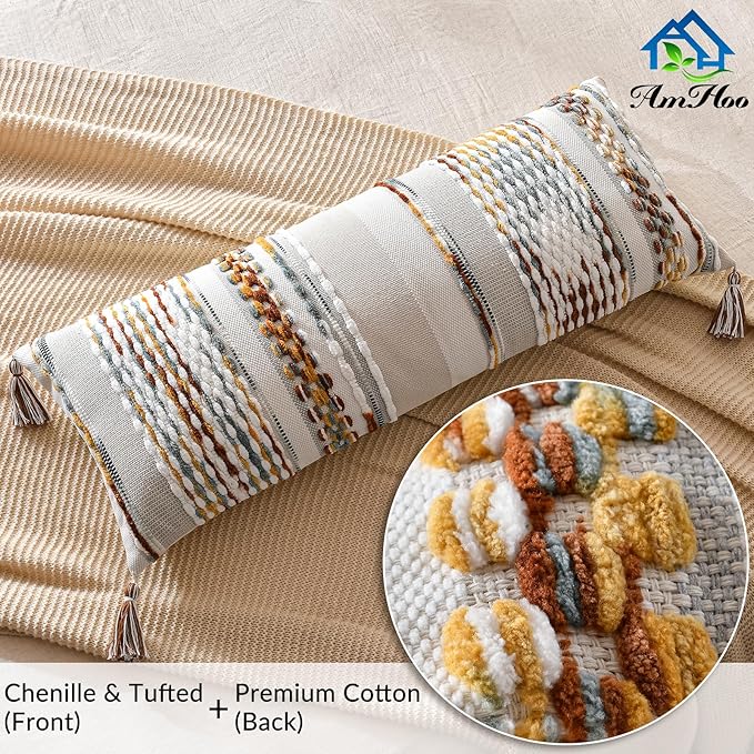 Chenille Striped Textured Boho Throw Pillow Covers Aesthetic with Tassels Woven Decorative Pillow Case for Couch Bed Sofa Bedroom Modern Funky 14 x 36-Inch Brown