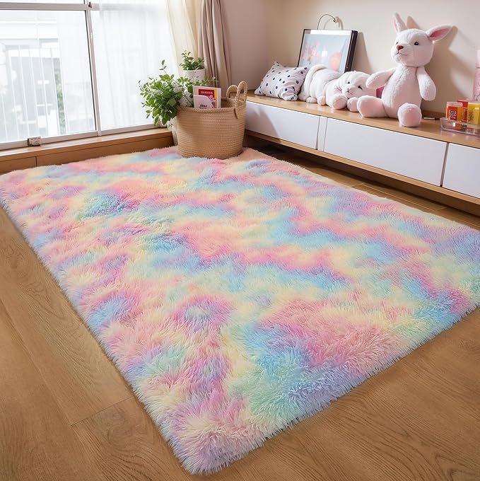 6x9 Rainbow Unicorn Rug for Kids Bedroom, Soft Plush Shag Carpet | Pastel Rainbow Area Rug for Girls Bedroom, Living Room, Nursery, Washable Non Slip Plush Carpet