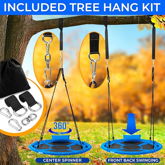 SereneLife 40" Saucer Swing - Outdoor Swing Set with Universal Hanging Kit, Swinging Seat Spinner with Pillow & Carry Bag, Weatherproof, Water-Resistant, Supports Up to 700 lbs, Blue