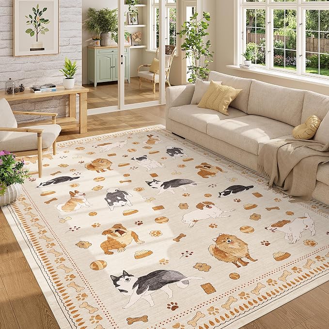 DUKINO 6x9 Washable Dog Area Rug for Living Room Non Slip, Beige Yellow | Non-Shedding, Stain Resistant, Soft Animal Carpet for Bedroom Kids Playroom Nursery Dining Room Farmhouse, Pet & Kid Friendly