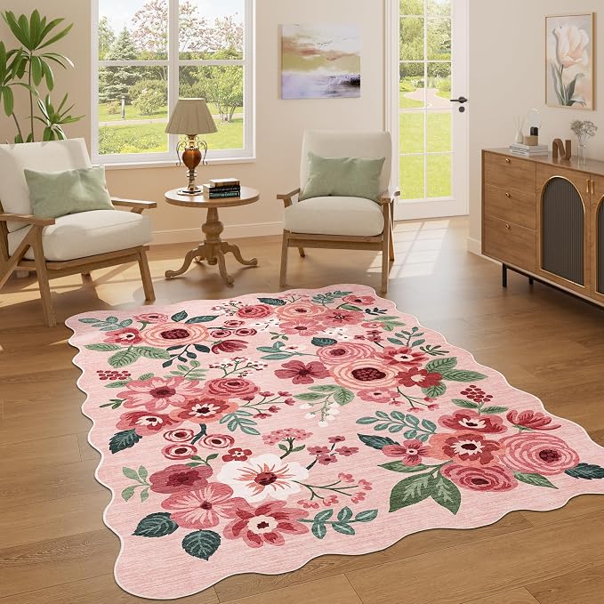 DUKINO 4x6 Area Rug, Non Slip Floral Washable Rug for Living Room, Pink | Low Pile, Stain Resistant, Soft Throw Rugs for Bedroom, Office, Dining Room, Nursery, Pet Friendly, Home Decor, Lightweight