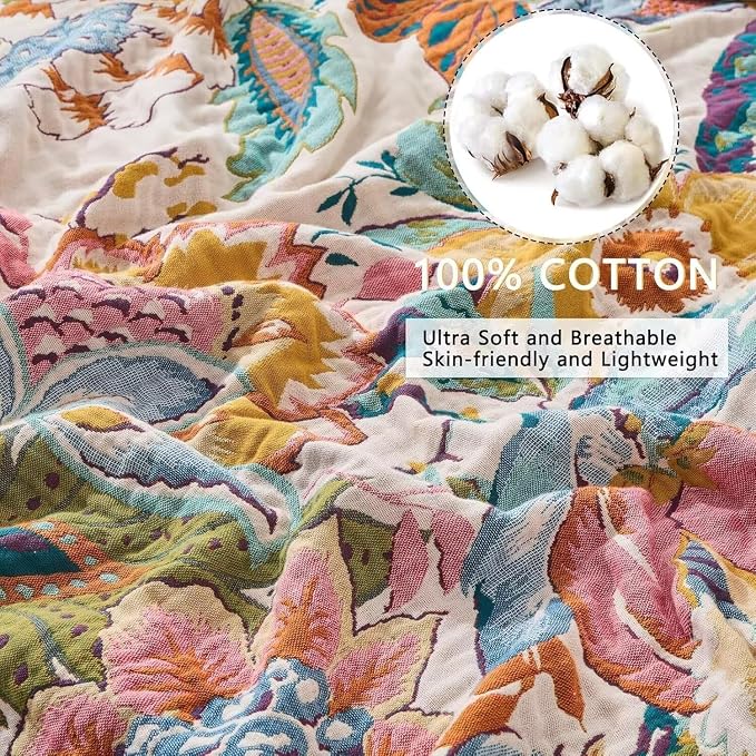 Boho Throw Blanket Farmhouse Decor Throw Blanket Bohemian Blanket for Bed 100% Cotton Muslin Woven Couch Blanket All Seasons Quilt Bedroom (C-Beige, 50"x60")
