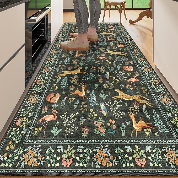 DUKINO 3x6 Kitchen Runner Rug, Washable Animal Rug for Hallway, Black | Non Slip, Low Pile, Soft Indoor Carpet for Entryway, Bedroom, Bathroom, Laundry, Lightweight, Pet Friendly, Stain Resistant