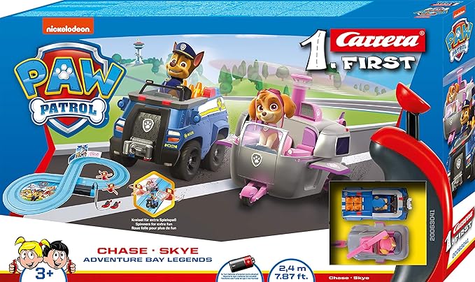 Carrera First Paw Patrol - Slot Car Race Track - Includes 2 Cars: Chase and Skye - Battery-Powered Beginner Racing Set for Kids Ages 3 Years and Up, Multi