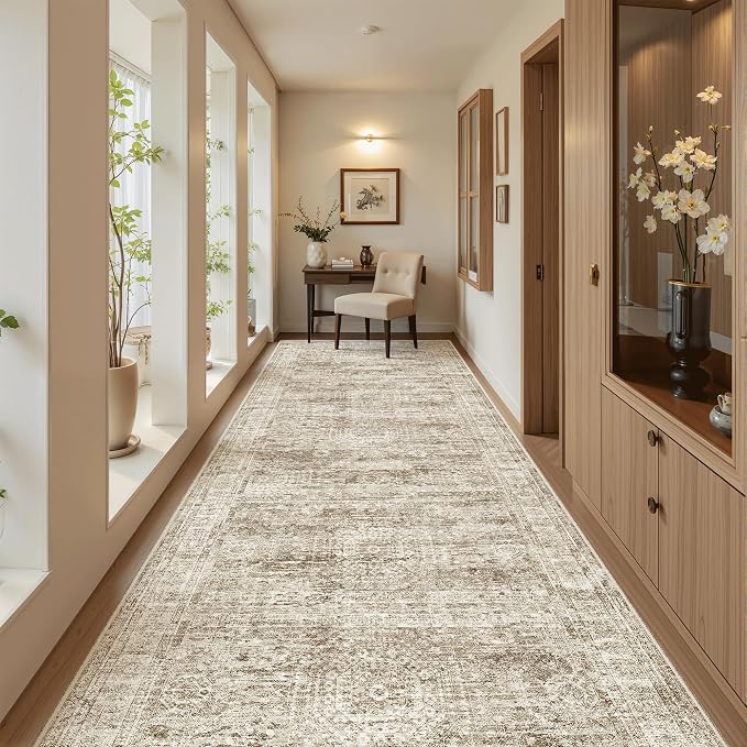 Soalmost Washable 4x12 Hallway Runner Rug Non-Slip Kitchen Entry Rugs Brown | Vintage Wide Runners for Living Dining Room Entryway, Stain Resistant Low-Pile Long Floor Carpet 12ft for Nursery Bedroom