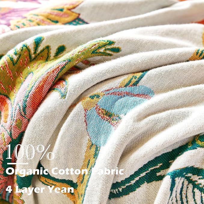 VANJOROY Boho Throw Blanket, 100% Organic Cotton Breathable Skin-Friendly Ultra Soft Bed Quilt Throw - All Season Floral Bird Farmhouse Décor Luxury Blanket for Sofa Couch Chair and Gift. 50" x 60"
