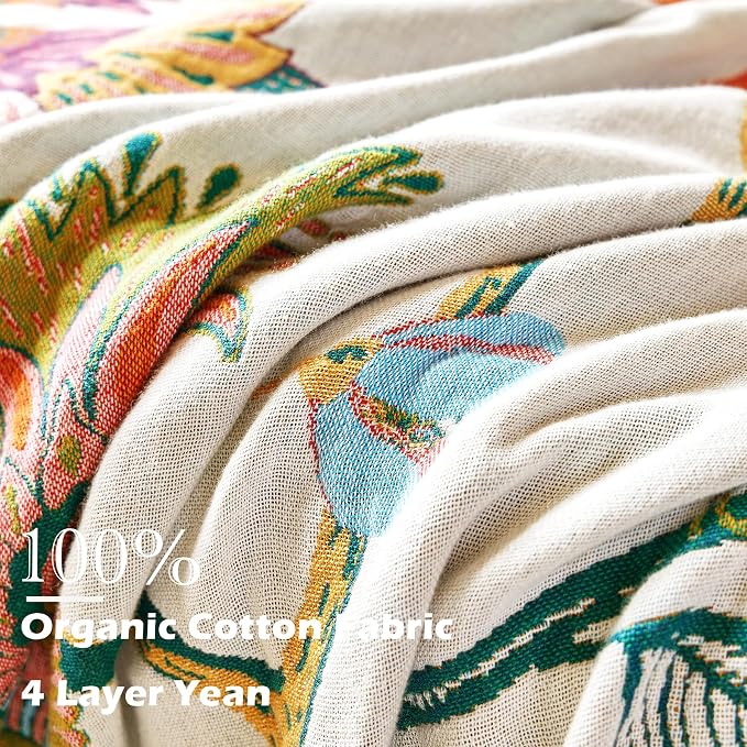 VANJOROY Boho Throw Blanket, 100% Organic Cotton Breathable Skin-Friendly Ultra Soft Bed Quilt Throw - All Season Floral Bird Farmhouse Décor Luxury Blanket for Sofa Couch Chair and Gift. 80" x 90"