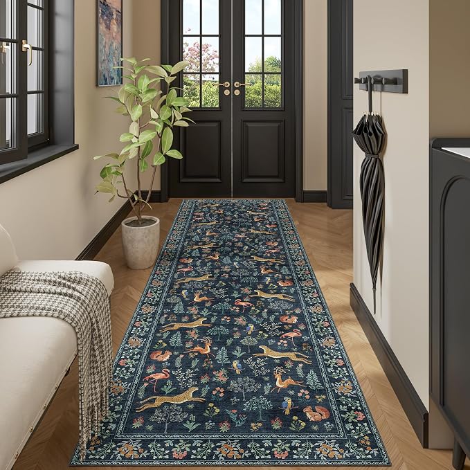 DUKINO 3x10 Washable Runner Rug, Non Slip Animal Rug for Hallway, Navy Blue | Low Pile, Stain Resistant, Soft Thin Indoor Rug Runner for Kitchen, Entryway, Bedroom, Bathroom, Pet Friendly, Non-Shedding