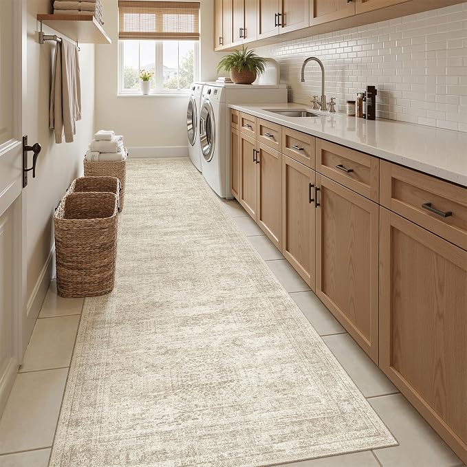 Soalmost Hallway Runner Rug 2'6"x10' Non-Slip Runners for Kitchen Beige | Washable Vintage Long Rugs 2.5x10ft Bathroom, Thin Low Pile Foldable 10ft Floor Carpet Mat for Entryway Corridor Bedroom