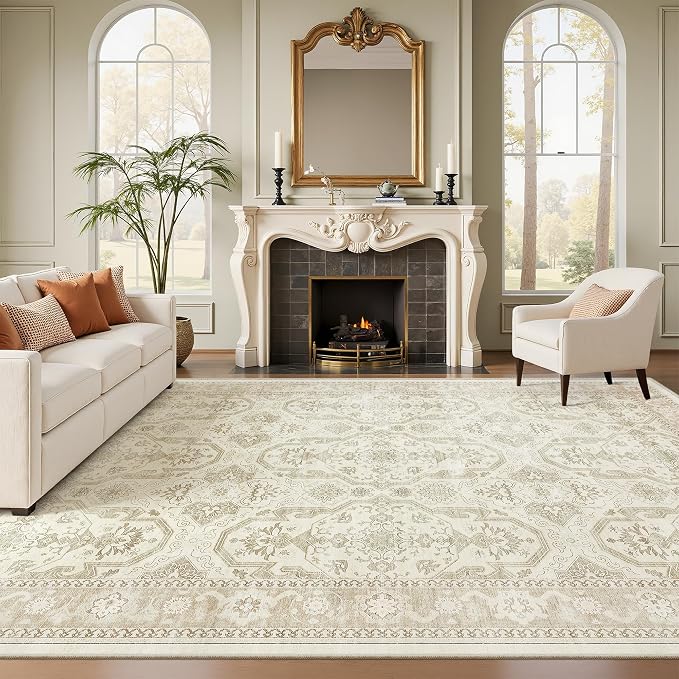 Soalmost 7x10 Area Rug for Living Room Washable Rugs Non-Slip Beige/Brown | Low-Pile Vintage Carpet for Dining Bedroom, Foldable Thin Stain Resistant Floor Mat Under Table Home Office Nursery Decor