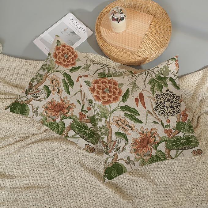 Orange Sage Green Pillow Covers 18x18 Inch Set of 2 Vintage Orange Floral Throw Pillows Chinoiserie Flower Decorative Pillow Case Outdoor Linen Farmhouse Cushion Cover for Couch Sofa Decorations