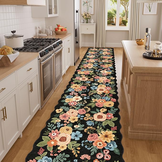 DUKINO 2x8 Washable Runner Rug, Floral Non Slip Kitchen Runner Rug, Black | Low Pile, Soft, Floral Throw Rug Runner for Hallway, Entryway, Bedroom, Bathroom, Pet Friendly, Stain Resistant, Home Decor