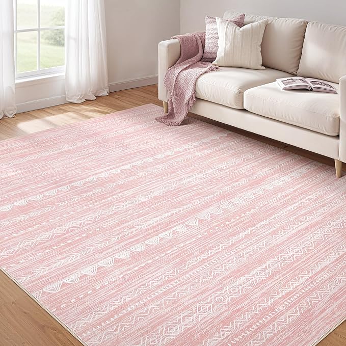 Nakagishi Boho 6x9 Area Rug Living Room Rugs Machine Washable Pink | Soft, Pet & Kid Friendly, Carpet for Living Room/Bedroom/Office/Kitchen/Nursery, Daily Home Decor Stain Resistant Moroccan
