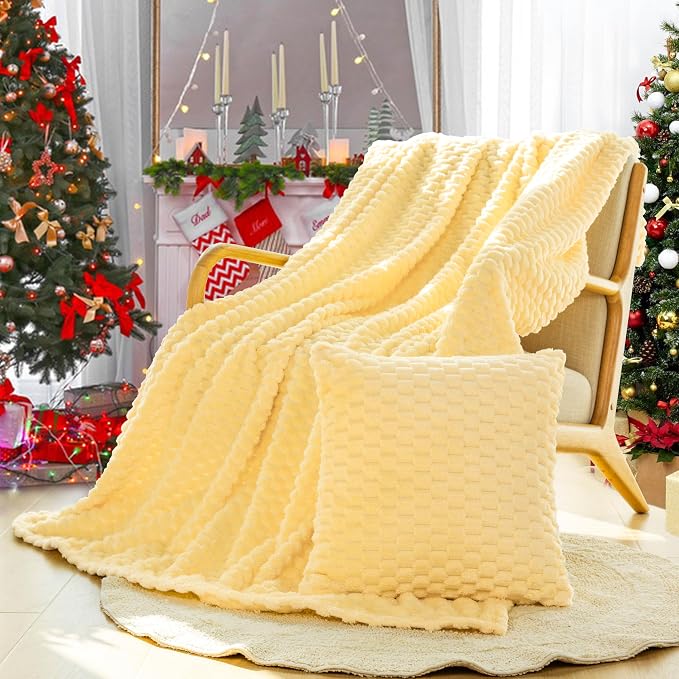 Bnuitland Flannel Throw Blanket, 300 GSM Fleece Cozy Warm Soft Home Decor Lightweight Bed Sofa Blanket for Adults, Suitable for All Seasons(Light Yellow,50X71 inches with Pillow Cover)