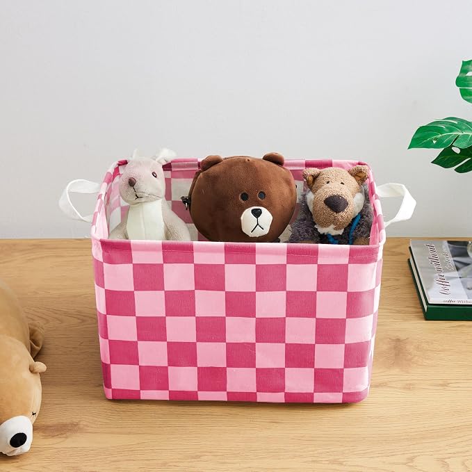 Hot Pink Coral Checkered Canvas Basket, Rectangular Organizing Decorative Storage Basket for Kids Dog Toy, Cute Aesthetic Race Cars Boy Room Decor for Home, Kitchen, Bedroom, Classroom, Shelves