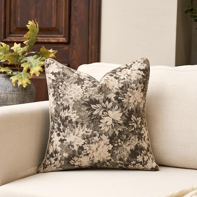 Neutral Floral Pillow Cover 24 x 24 Inches, Vintage Chenille Square Throw Pillow Cover Soft Decorative Farmhouse Accent Couch Pillow Cover for Living Room Bedroom, Grey