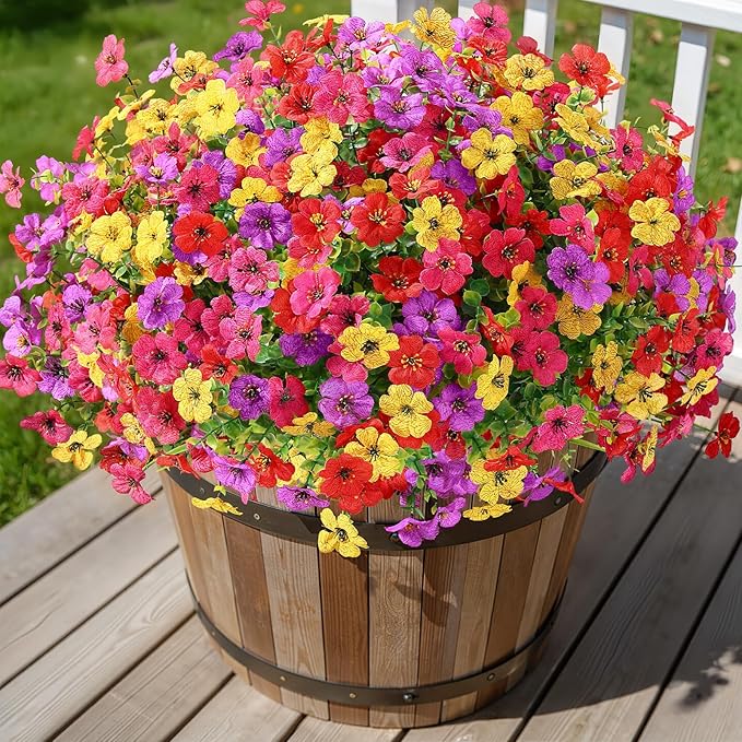 Alupssuc 48 Bundles Artificial Daisy Flowers UV Resistant for Outdoor Decor | Silk & Plastic, Spring Faux Plants Greenery, Bendable Stems, for Porch Patio Hanging Window Planter Yard Outside, 4 Colors