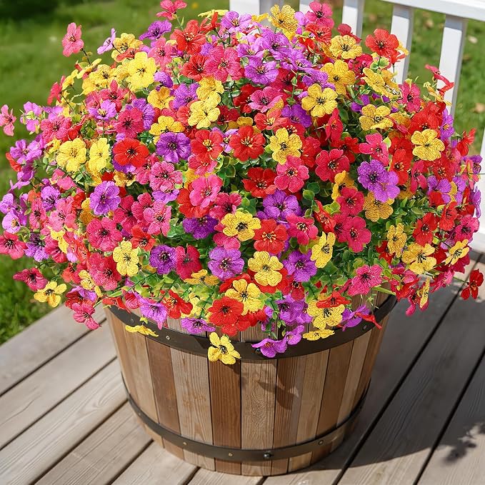 Alupssuc 24 Bundles Artificial Daisy Flowers UV Resistant for Outdoor Decor | Silk & Plastic, Spring Faux Plants Greenery, Bendable Stems, for Porch Patio Hanging Window Planter Yard Outside, 4 Colors