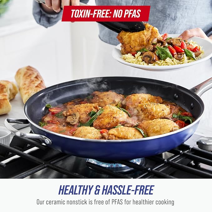 Blue Diamond 14" Diamond Infused Ceramic Nonstick Frying Pan Skillet | PFAS-Free Ceramic Nonstick Jumbo Pan with Helper Handle, Dishwasher & Oven Safe, Durable Metal Utensil Safe, Egg Pan, Blue