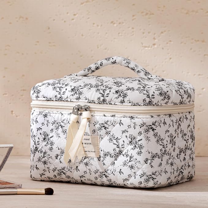 HBselect Quilted Makeup Bag, 3PCS Cotton Large Travel Makeup Bag, Cute Floral Coquette Make up Bag Cosmetic Bag Toiletry Bag for Women Girls