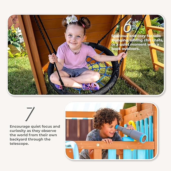 Teamson Kids Laguna Wooden Swing Set with Slide & Climbing Wall, Solid Wood, Natural and Aqua