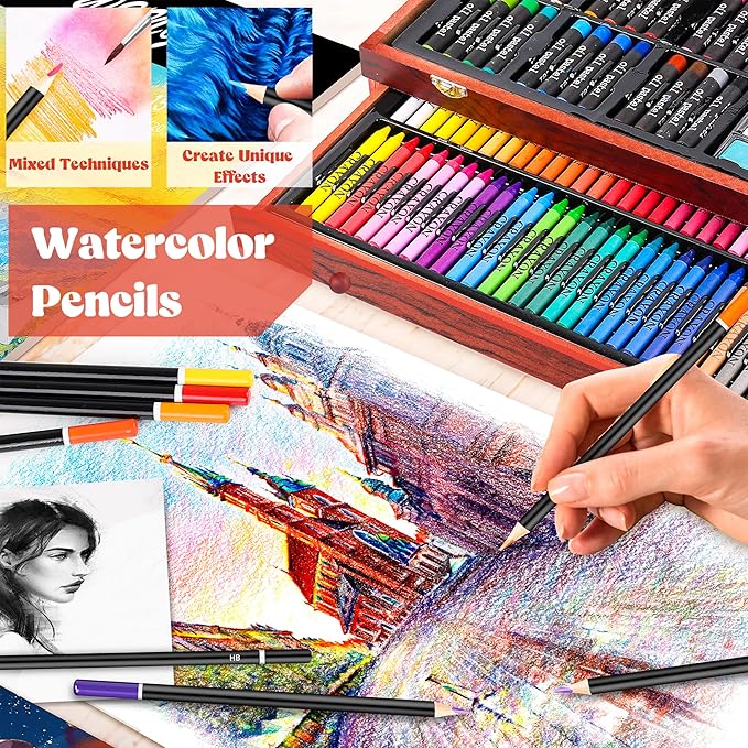 Caliart Art Supplies, 153-Pack Deluxe Wooden Art Set Crafts Drawing Painting Coloring Supplies Kit with 2 A4 Sketch Pads, Halloween Creative Gift Box for Adults Artist Beginners