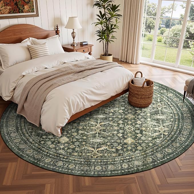 8ft Area Rugs for Living Room Bedroom, Green Washable Non-Slip Carpet | Soft Boho Area Rug for Dining Room Home Office Indoor Nursery, Stain Resistant, Low Pile, Foldable Vintage Distressed Rug