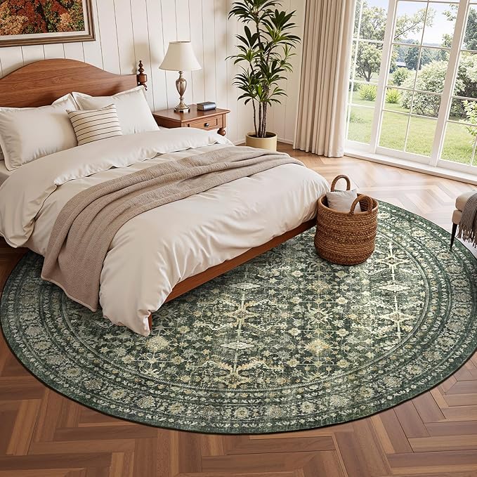 6ft Area Rugs for Living Room Bedroom, Green Washable Non-Slip Carpet | Soft Boho Area Rug for Dining Room Home Office Indoor Nursery, Stain Resistant, Low Pile, Foldable Vintage Distressed Rug