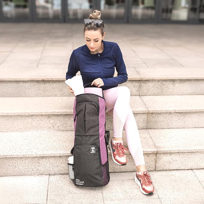 Yoga Mat Bag Carrier - Large Pockets & Water Bottle Holders. Yoga Backpack Fits 0.5" Thick x 26" Wide Mats. Hands-Free, Left-Right Switchable, Yoga, Gym, Cycling