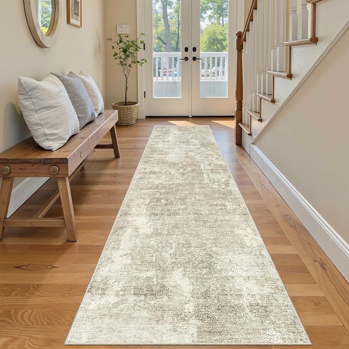 Soalmost Abstract Runner Rug 2x8 Hallway Kitchen Runners Beige/Gray | Vintage Washable Rugs for Bathroom Laundry Room, Low Pile Stain Resistant Floor Carpet Mat Entryway Corridor Bedroom