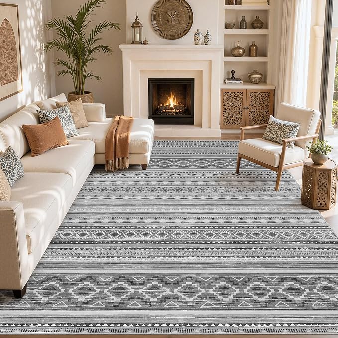 cotiled 8x10 Area Rugs Living Room Rug: Washable Boho Rugs with Non Slip Backing Large Soft Indoor Stain Resistant Carpet for Bedroom Farmhouse Dining Room Lightweight Home Decor Beige Grey